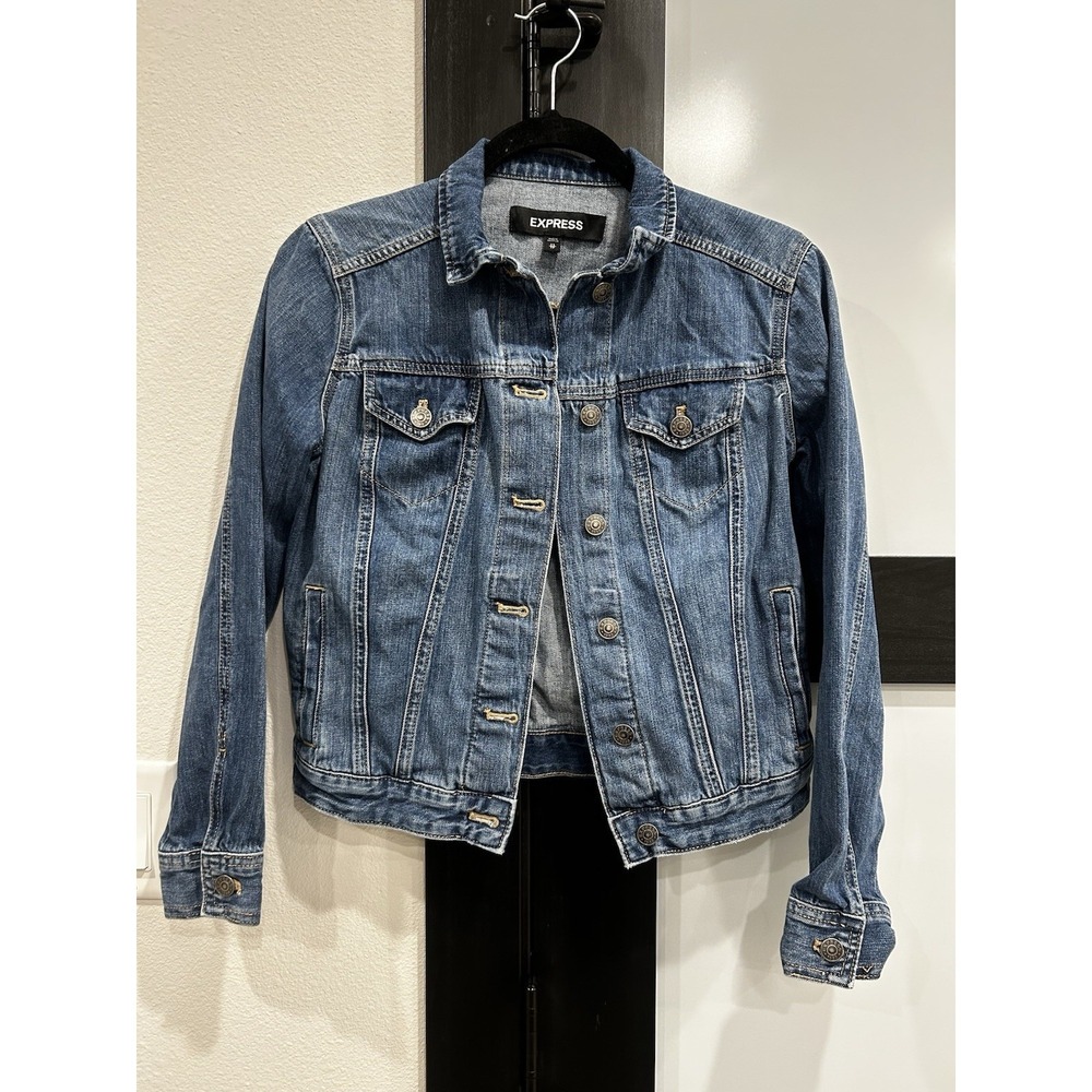 Express Jeans Blue Denim Metal Button Jean Jacket Women Size XS